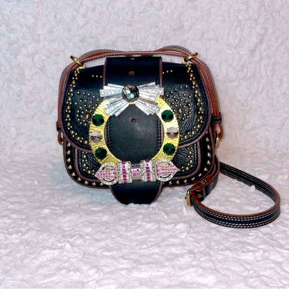 Miu Miu Rare Dahlia Madras Crystal Rhinestone Stud Black Leather Bag Purse - Picture 3 of 15